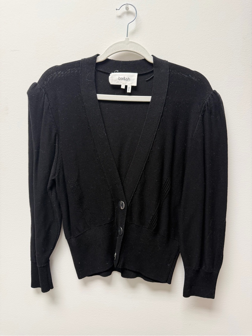 ba&sh Black Button-Front V-Neck Cardigan with Puff Shoulders
